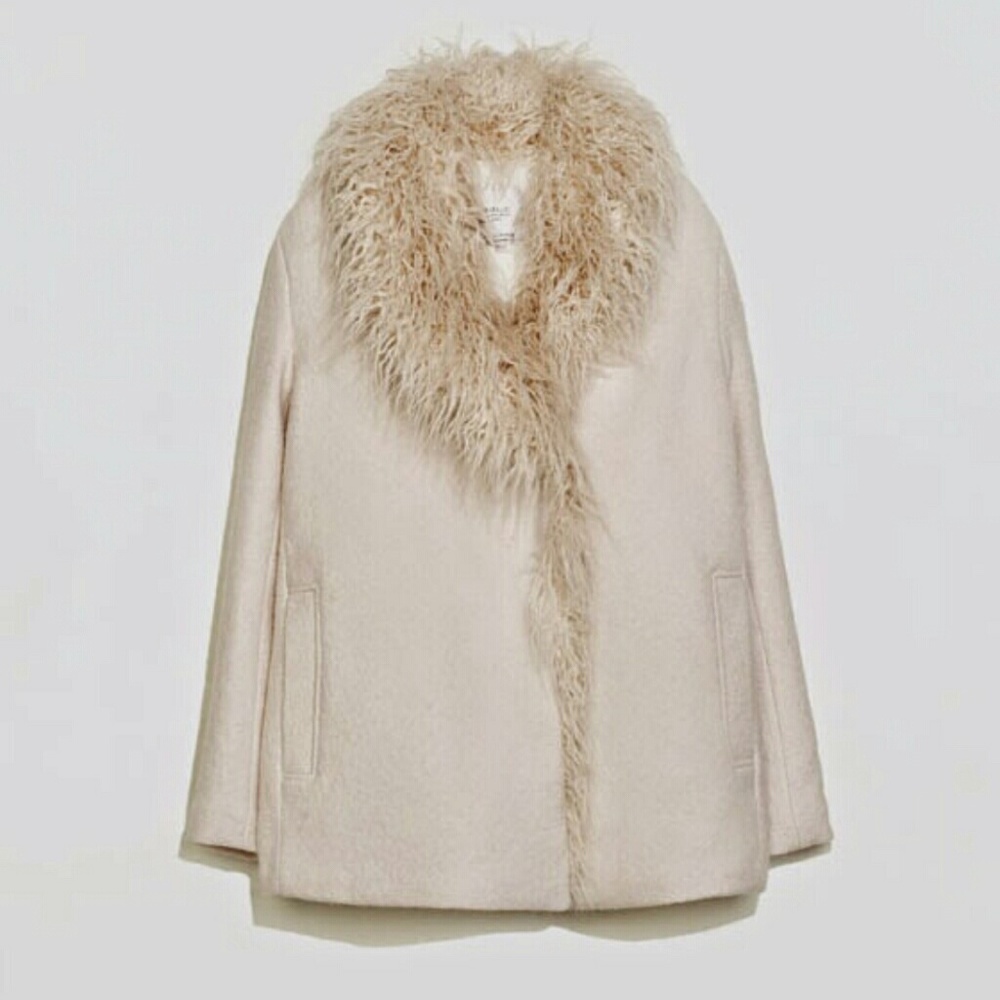 Zara Cream Faux Fur Collar Coat